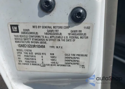 2003 Chevrolet Tahoe Lt from USA, damaged, VIN 1GNEC13Z03R183484